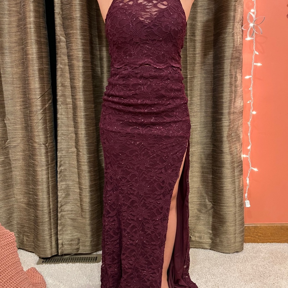 Dark purple two piece lace ball gown dress